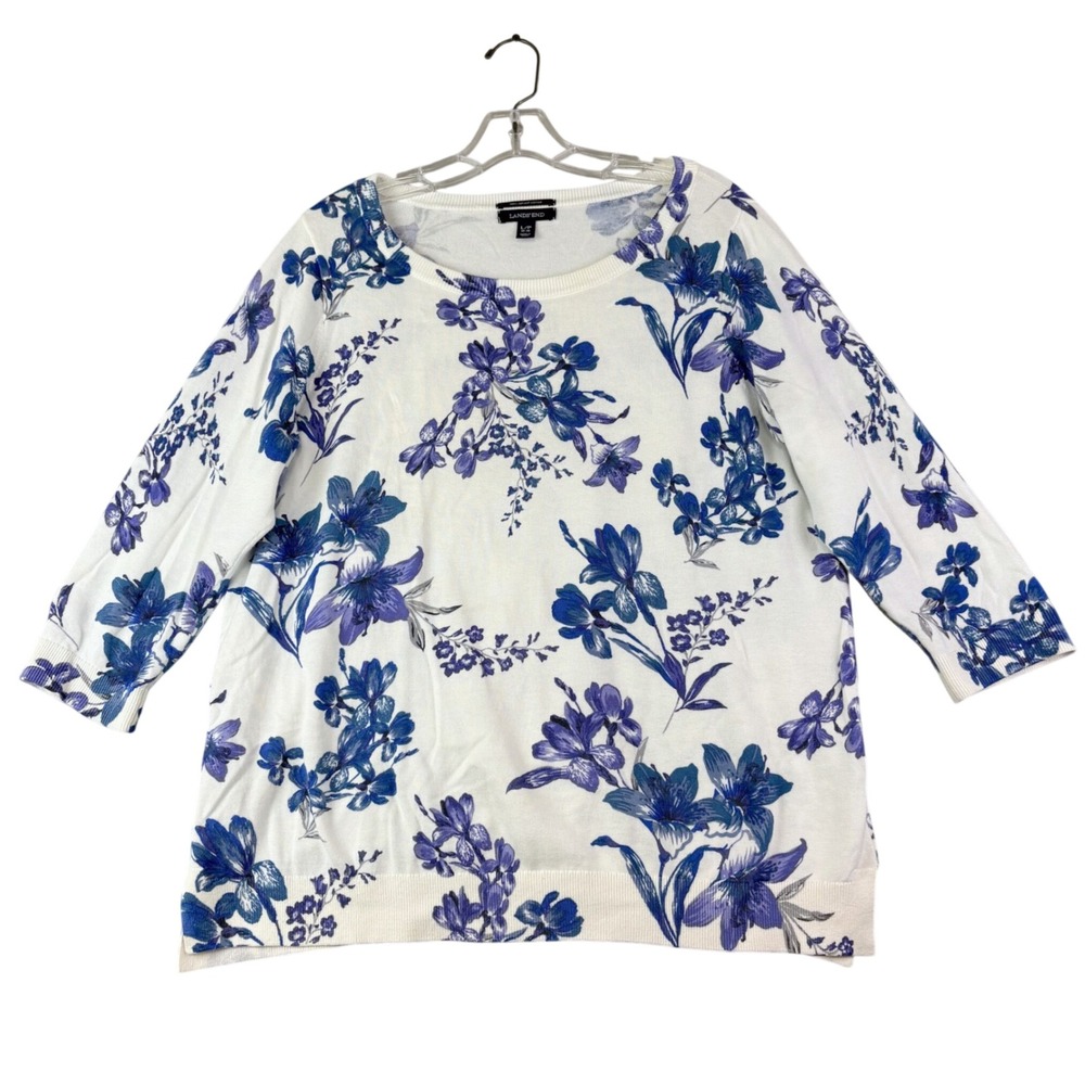 Lands' End Womens L White Blue Floral Supima Cotton 3/4 Sleeve Sweater Preppy
